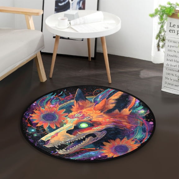 36.2 Inch Round Floor Mat Fox Skull Carpet Decor Rug for Living Room Bedroom