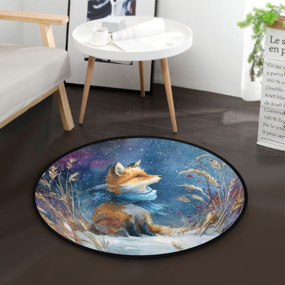 36.2 Inch Round Floor Mat Fox Wearing Blue Scarf Carpet Decor Rug for Living Room Bedroom
