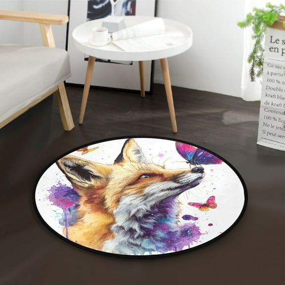 36.2 Inch Round Floor Mat Fox and Butterflies Carpet Decor Rug for Living Room Bedroom