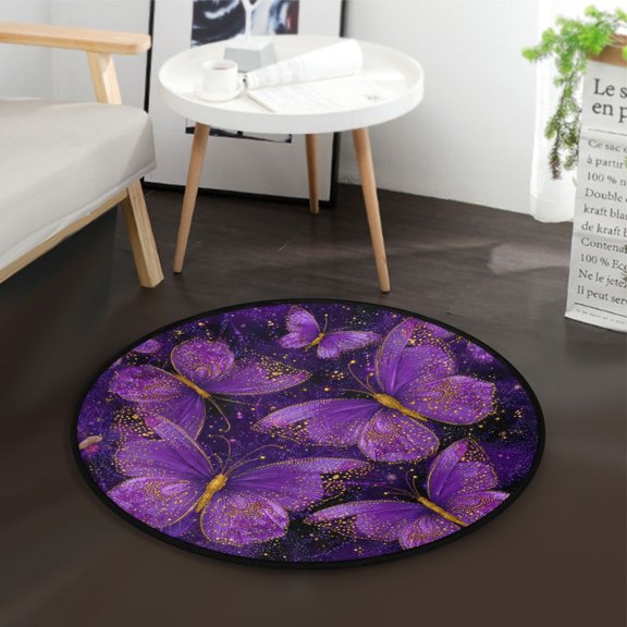 36.2 Inch Round Floor Mat Glowing Purple Butterfly Carpet Decor Rug for Living Room Bedroom