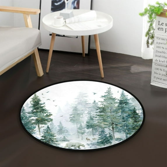 36.2 Inch Round Floor Mat Green Snowy Forest Scene Carpet Decor Rug for Living Room Bedroom