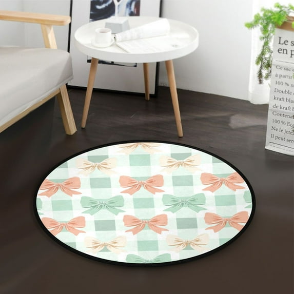 36.2 Inch Round Floor Mat Green and Peach Bow Pattern Carpet Decor Rug for Living Room Bedroom