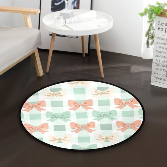 36.2 Inch Round Floor Mat Green and Peach Bow Pattern Carpet Decor Rug for Living Room Bedroom