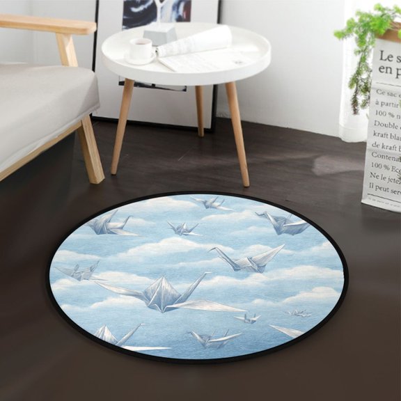 36.2 Inch Round Floor Mat Light Blue Paper Cranes Carpet Decor Rug for Living Room Bedroom