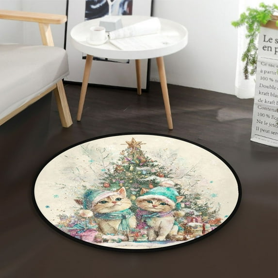 36.2 Inch Round Floor Mat Merry Cat Christmas Tree Carpet Decor Rug for Living Room Bedroom