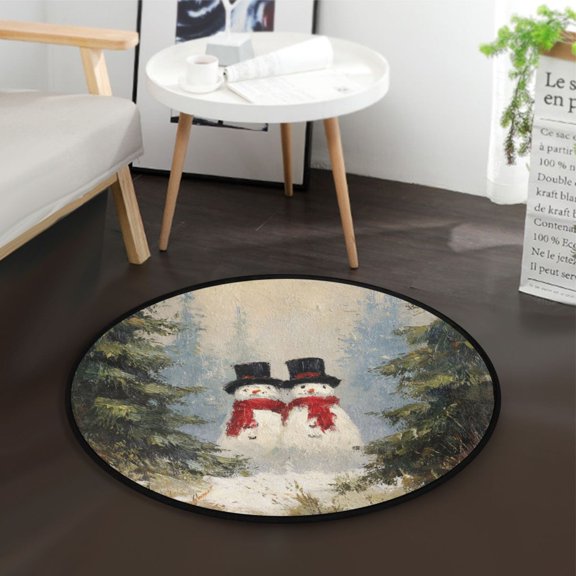36.2 Inch Round Floor Mat Moody Snowman Couple Carpet Decor Rug for Living Room Bedroom