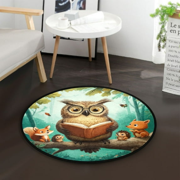36.2 Inch Round Floor Mat Owl Wearing Glasses Carpet Decor Rug for Living Room Bedroom