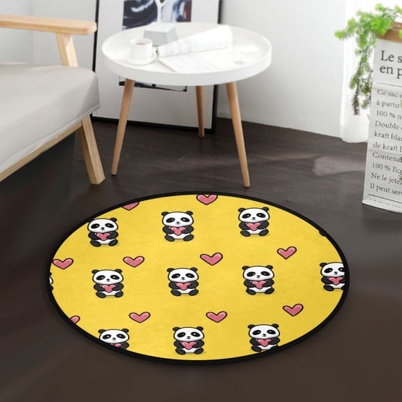 36.2 Inch Round Floor Mat Panda Cartoon with Heart Pattern Carpet Decor Rug for Living Room Bedroom