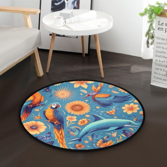 36.2 Inch Round Floor Mat Parrots and Butterflies Pattern Carpet Decor Rug for Living Room Bedroom
