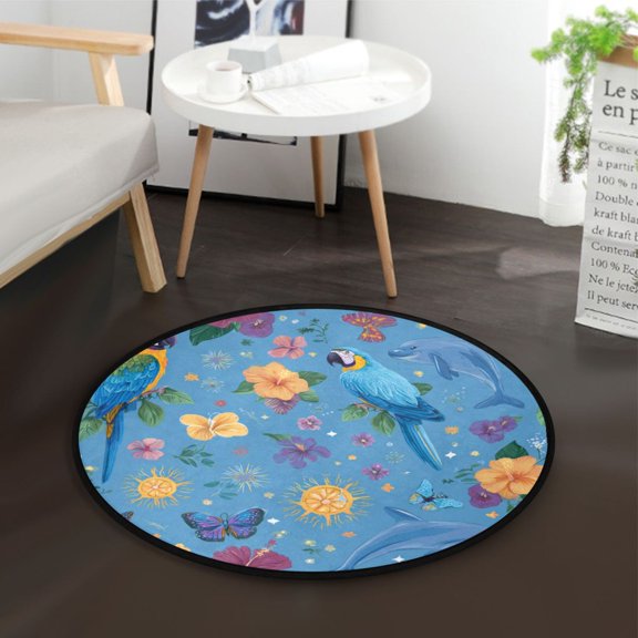 36.2 Inch Round Floor Mat Parrots and Dolphins Pattern Carpet Decor Rug for Living Room Bedroom