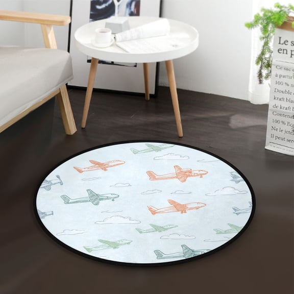 36.2 Inch Round Floor Mat Pastel Doodle Airplanes Carpet Decor Rug for Living Room Bedroom