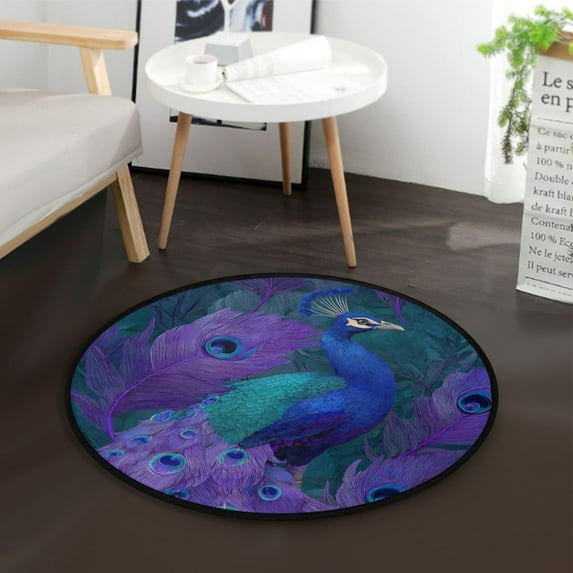36.2 Inch Round Floor Mat Peacock Pattern Carpet Decor Rug for Living Room Bedroom