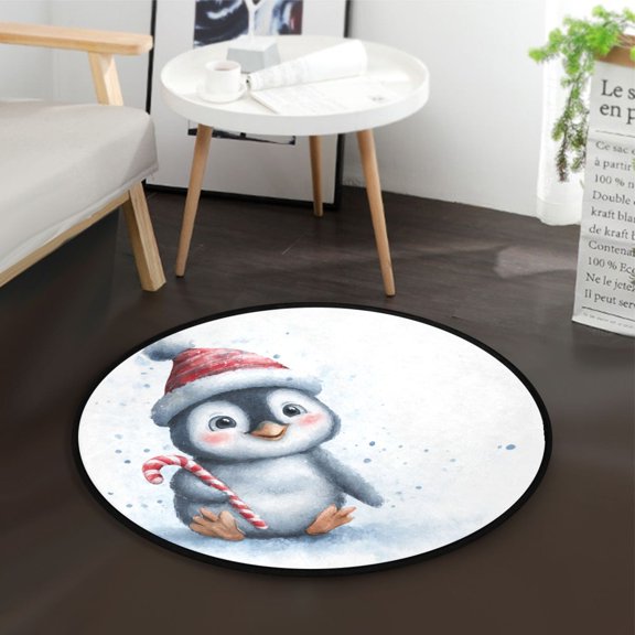 36.2 Inch Round Floor Mat Penguin Holding Candy Cane Carpet Decor Rug for Living Room Bedroom