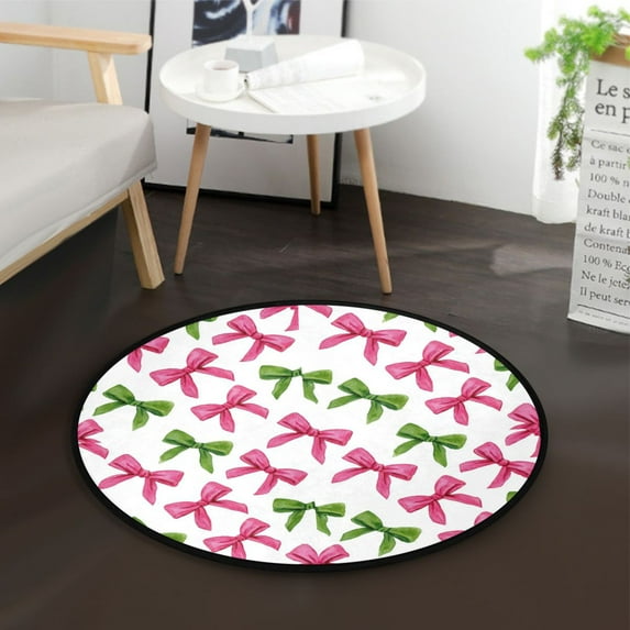 36.2 Inch Round Floor Mat Pink Bows and Green Ribbons Carpet Decor Rug for Living Room Bedroom