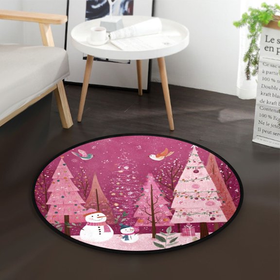 36.2 Inch Round Floor Mat Pink Christmas Forest Carpet Decor Rug for Living Room Bedroom