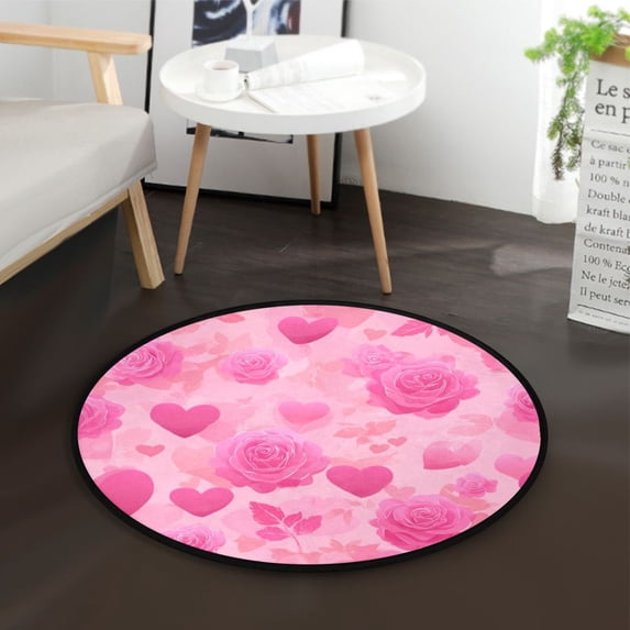 36.2 Inch Round Floor Mat Pink Hearts and Roses Pattern Carpet Decor Rug for Living Room Bedroom