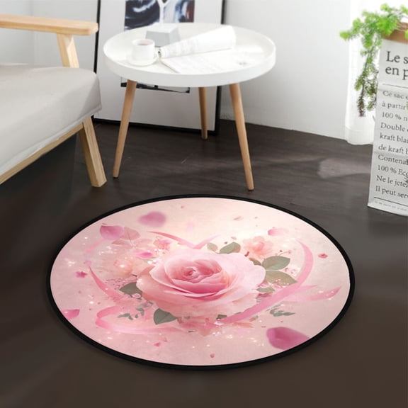 36.2 Inch Round Floor Mat Pink Rose Pattern Carpet Decor Rug for Living Room Bedroom