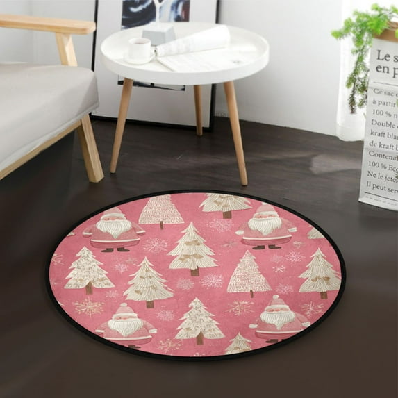 36.2 Inch Round Floor Mat Pink Santa Claus Pattern Carpet Decor Rug for Living Room Bedroom