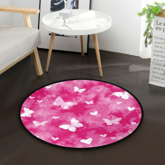 36.2 Inch Round Floor Mat Pink Tie-dye with Butterflies Carpet Decor Rug for Living Room Bedroom