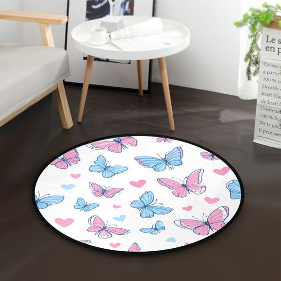 36.2 Inch Round Floor Mat Pink and Blue Butterflies Carpet Decor Rug for Living Room Bedroom