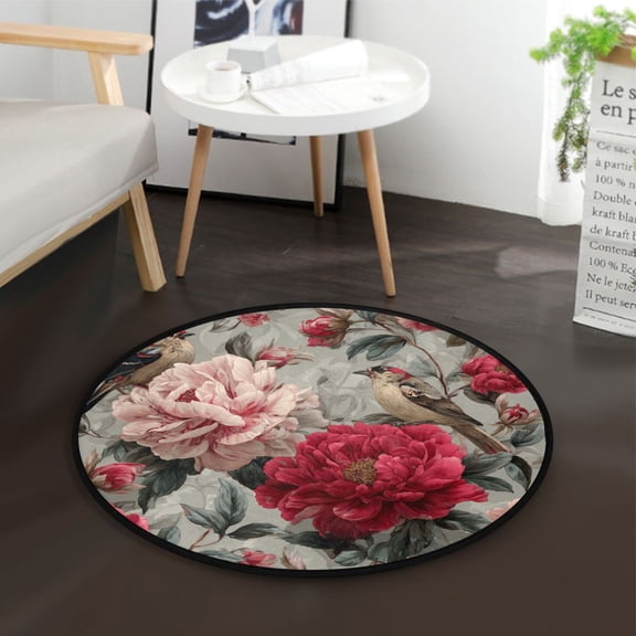 36.2 Inch Round Floor Mat Pink and Red Peonies Carpet Decor Rug for Living Room Bedroom