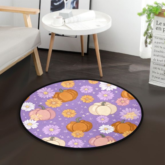 36.2 Inch Round Floor Mat Pumpkins and Daisies Carpet Decor Rug for Living Room Bedroom