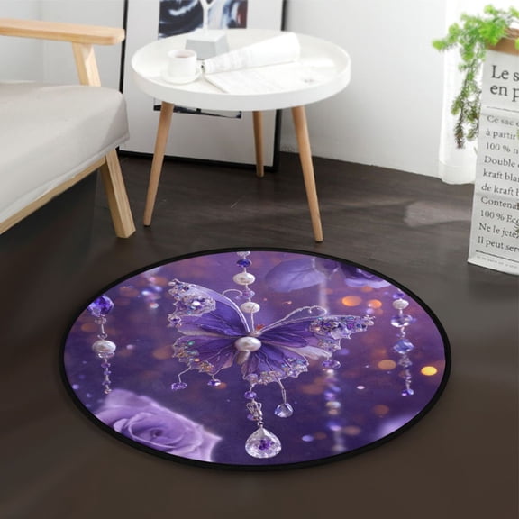 36.2 Inch Round Floor Mat Purple Butterfly Pattern Carpet Decor Rug for Living Room Bedroom