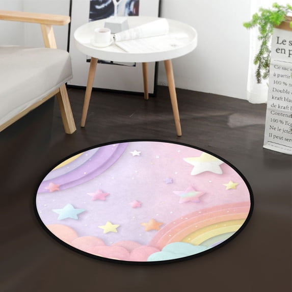 36.2 Inch Round Floor Mat Rainbow Stars and Cloud Pattern Carpet Decor Rug for Living Room Bedroom