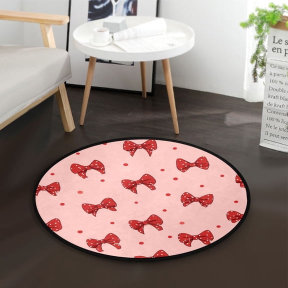 36.2 Inch Round Floor Mat Red Bows and Polka Dots Carpet Decor Rug for Living Room Bedroom