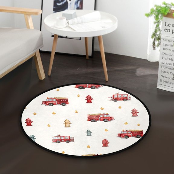 36.2 Inch Round Floor Mat Red Fire Trucks Pattern Carpet Decor Rug for Living Room Bedroom