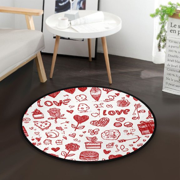 36.2 Inch Round Floor Mat Red Romantic Element Icon Carpet Decor Rug for Living Room Bedroom
