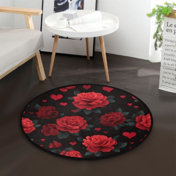36.2 Inch Round Floor Mat Red Roses and Hearts Pattern Carpet Decor Rug for Living Room Bedroom