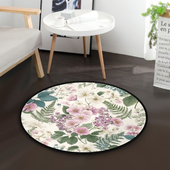 36.2 Inch Round Floor Mat Retro Pink Flowers Pattern Carpet Decor Rug for Living Room Bedroom