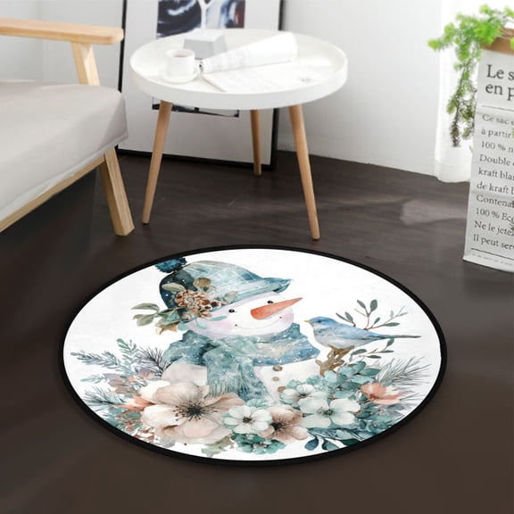 36.2 Inch Round Floor Mat Snowman with Flowers Bird Carpet Decor Rug for Living Room Bedroom