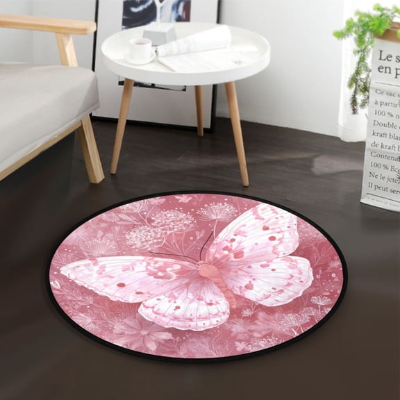 36.2 Inch Round Floor Mat Soft Pink Butterfly Carpet Decor Rug for Living Room Bedroom