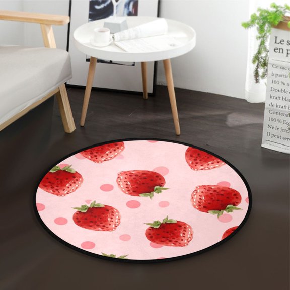 36.2 Inch Round Floor Mat Strawberry and Pink Polka Carpet Decor Rug for Living Room Bedroom