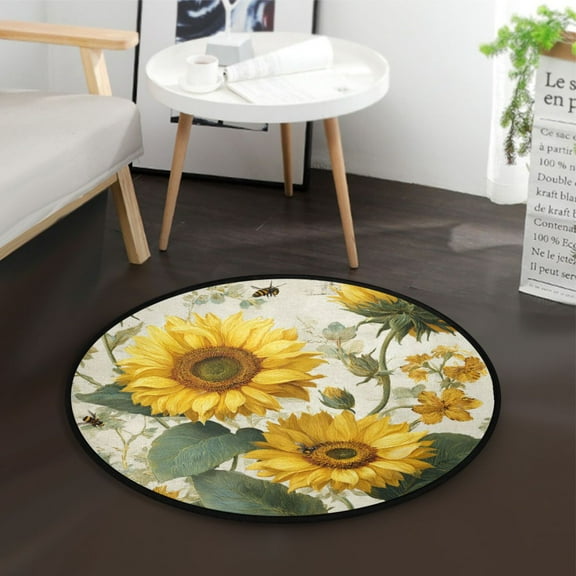 36.2 Inch Round Floor Mat Sunflower and Bee Pattern Carpet Decor Rug for Living Room Bedroom