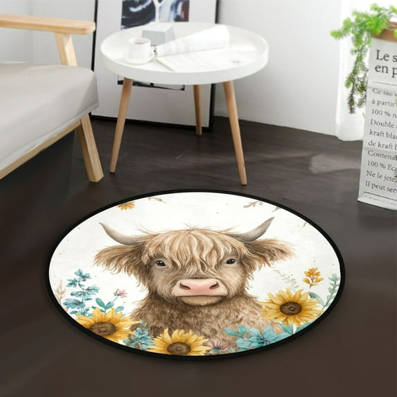 36.2 Inch Round Floor Mat Sunflowers and Highland Cow Carpet Decor Rug for Living Room Bedroom