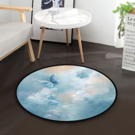 36.2 Inch Round Floor Mat Watercolor Blue Butterflies Carpet Decor Rug for Living Room Bedroom