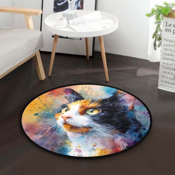 36.2 Inch Round Floor Mat Watercolor Calico Cat Carpet Decor Rug for Living Room Bedroom