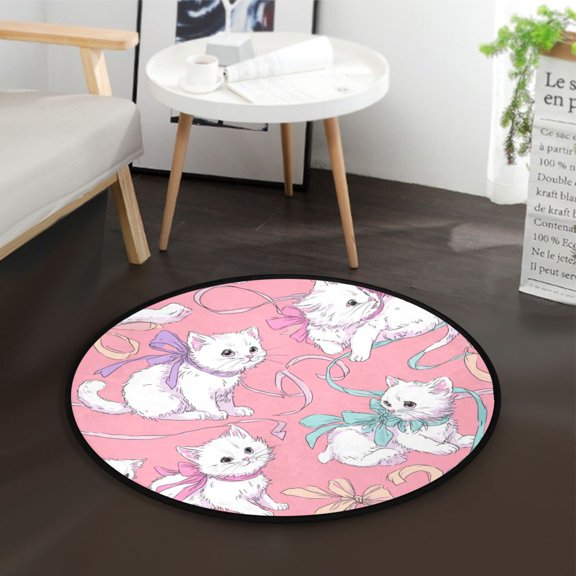 36.2 Inch Round Floor Mat White Cat Pattern Carpet Decor Rug for Living Room Bedroom