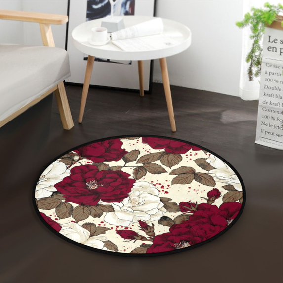 36.2 Inch Round Floor Mat White and Crimson Roses Pattern Carpet Decor Rug for Living Room Bedroom