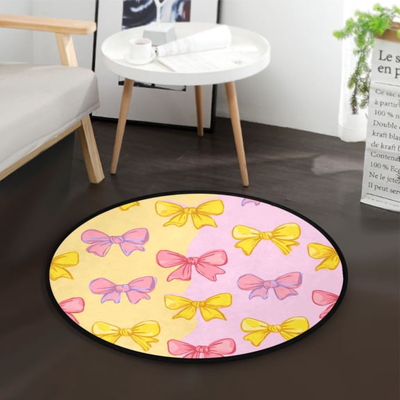 36.2 Inch Round Floor Mat Yellow and Pink Bows Carpet Decor Rug for Living Room Bedroom