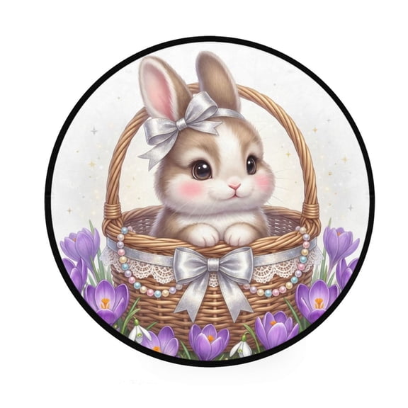 36.2" Round Area Rug Soft Floor Mat with Non-Slip Backing for Living Rooms Bedrooms Bunny Sitting in Wicker Basket