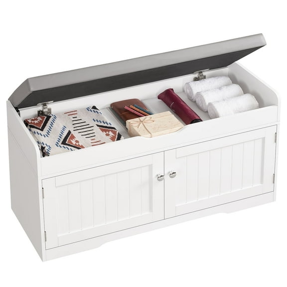 36.2" Shoe Bench with Lift Top Storage, Storage Bench with Padded Seat Cushion, Entryway Bench with 2 Adjustable Shelves, for Entryway, Living Room, Bedroom, White