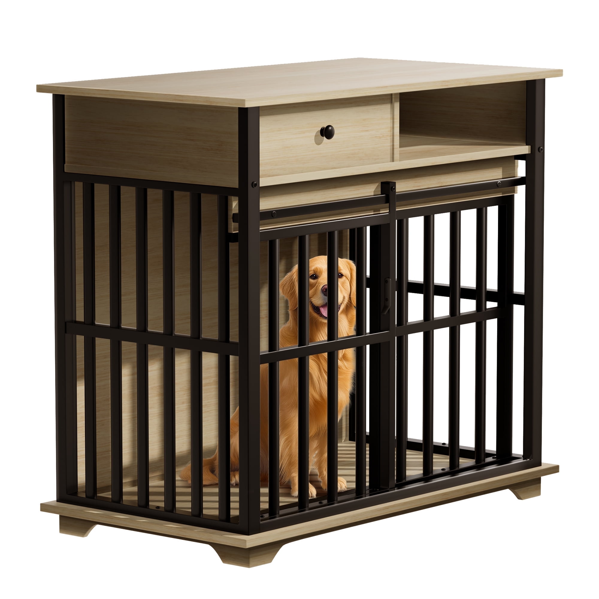 36" 2-in-1 Dog Crate Furniture, Dog Cage with Double Storage Cabinets, Indoor Iron-Wood Dog Kennel Table for Medium & XLarge Dogs, Rustic Brown Decorative Pet Cage with Sliding Door & Removable Tray