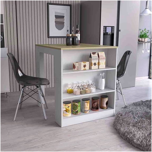 36.2 inch Square Kitchen Island Table on Two Legs with Storage Shelves, White and Pine