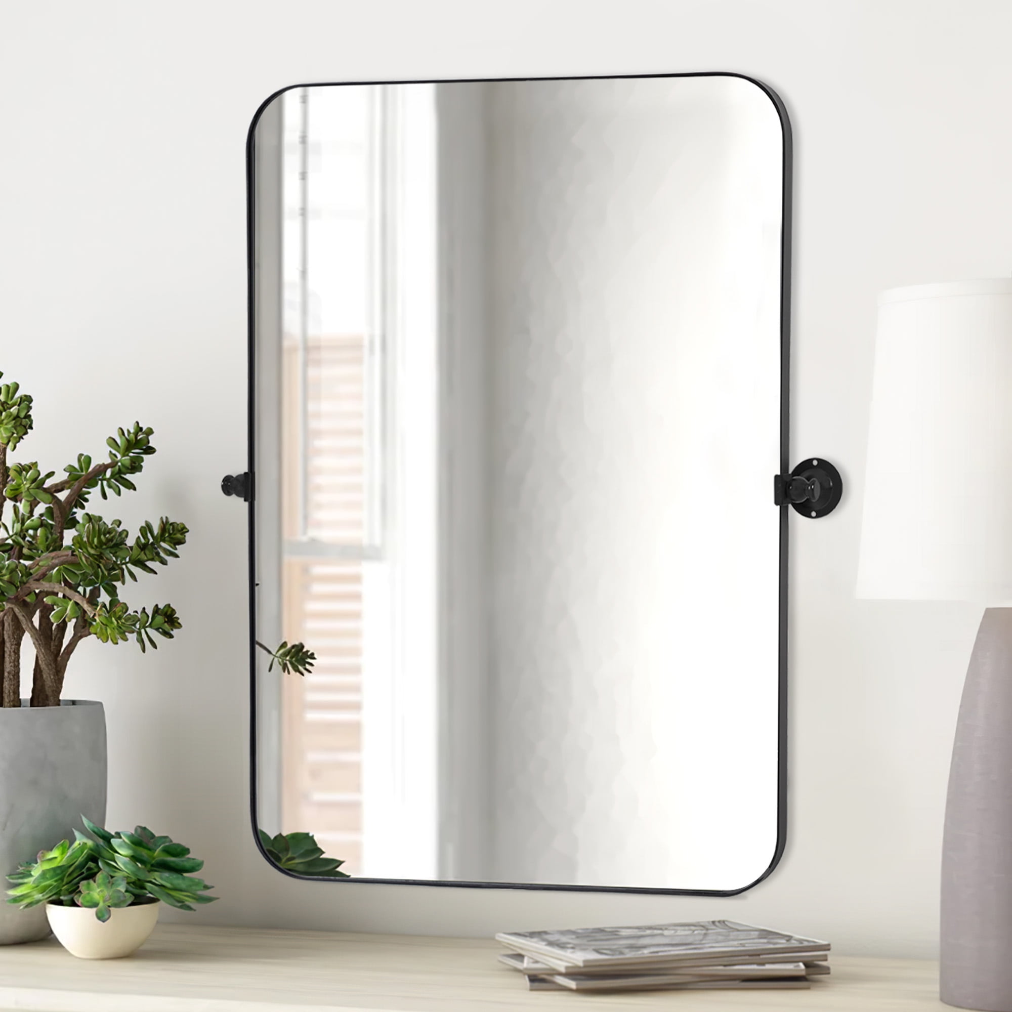 36"*24"Iron rounded rectangular black rotating hardware wall mirror Decorative Bathroom Mirror ...