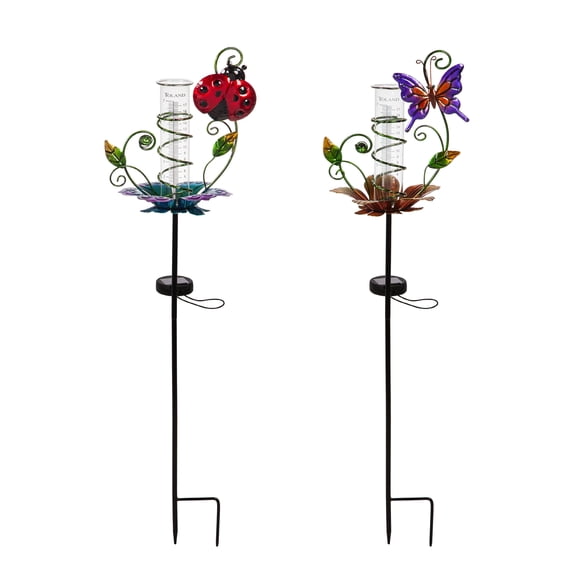 36.25"H Chasing Light Solar Rain Gauge Garden Stake, 2 ASST, Butterfly and Ladybug