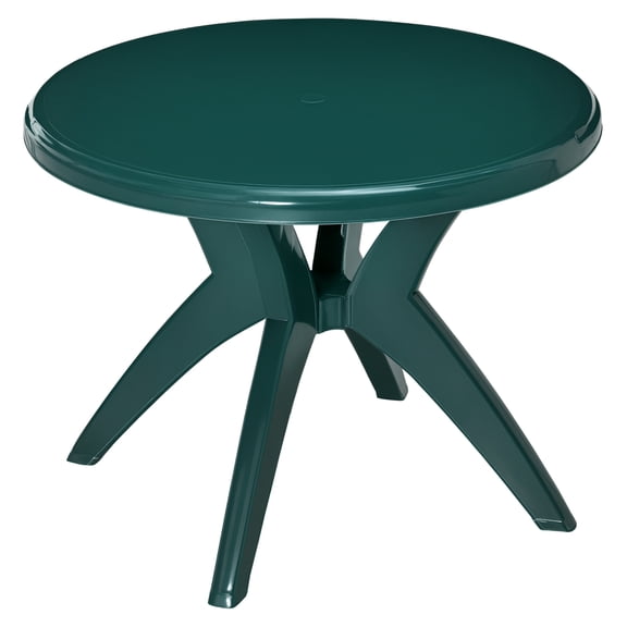 36.25" Round Patio Table with Umbrella Hole, Outdoor Dining Table, Green Plastic Bistro Table for Backyard, Garden, Poolside - Stable & Easy Clean